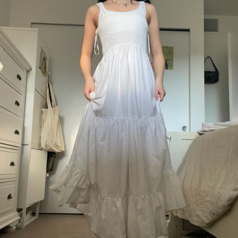 White Zara cottagecore ruched maxi dress